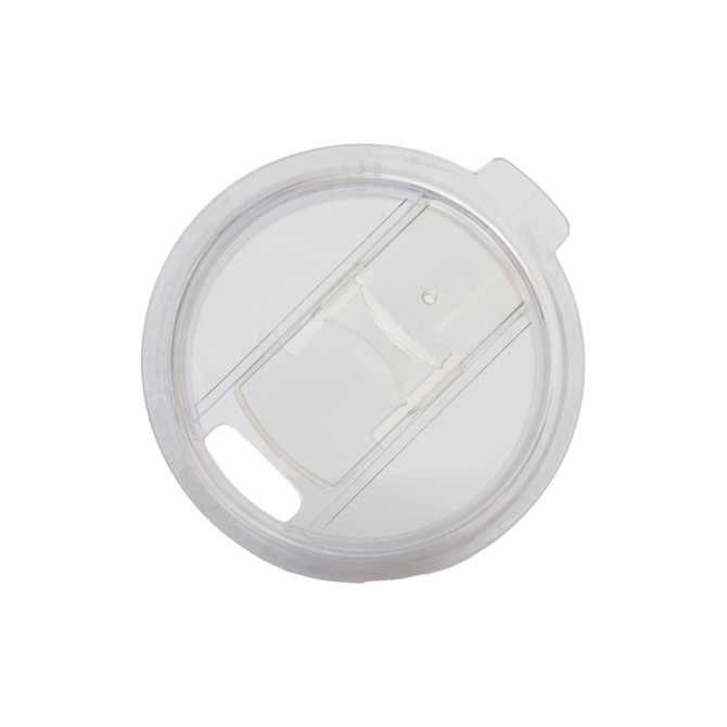 A coffee cup lid, clear and designed to fit a reusable coffee cup, featuring a sliding opening for sipping.