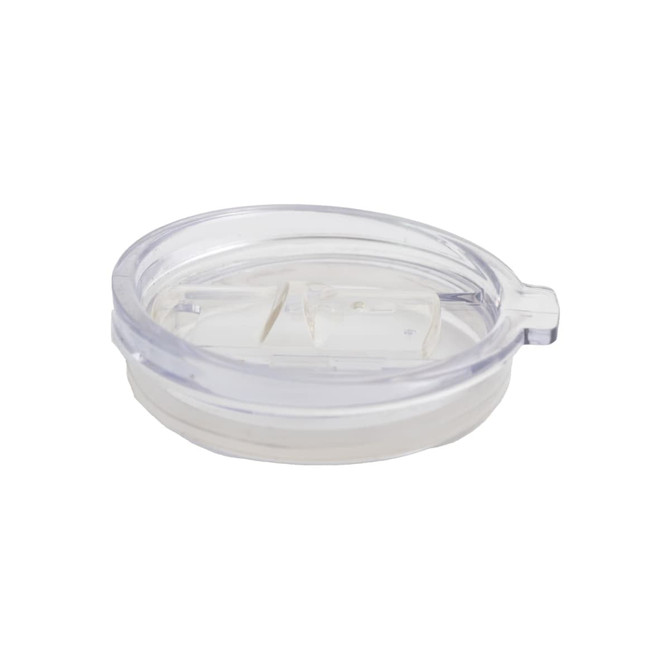 A clear lid for a reusable coffee cup, featuring a sliding opening and a secure fit, designed for easy sipping.