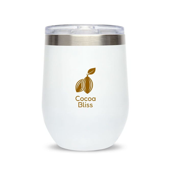 A reusable coffee cup featuring a sleek white design with a stainless steel lid and a logo that reads "Cocoa Bliss."