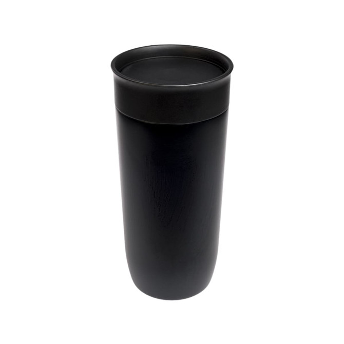 A stainless steel coffee cup in a sleek black design, featuring a tight-fitting lid.