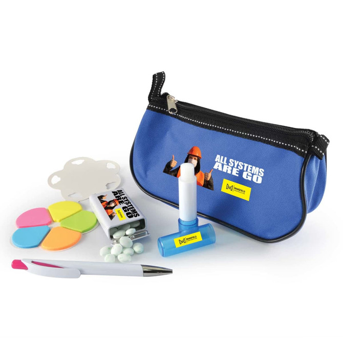 A blue pouch containing a pen, pastel-colored modeling clay, and white mints, alongside a white glue stick.