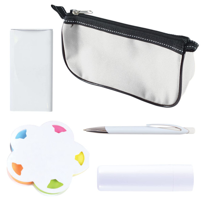 A collection including a white zippered pouch, a white pen, a flower-shaped sticky note pad, and a white lip balm tube.