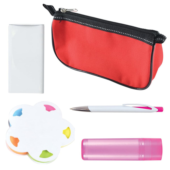 A red zipper pouch containing a white notepad, a pen, a colorful sticky note set, and a pink lip balm tube.
