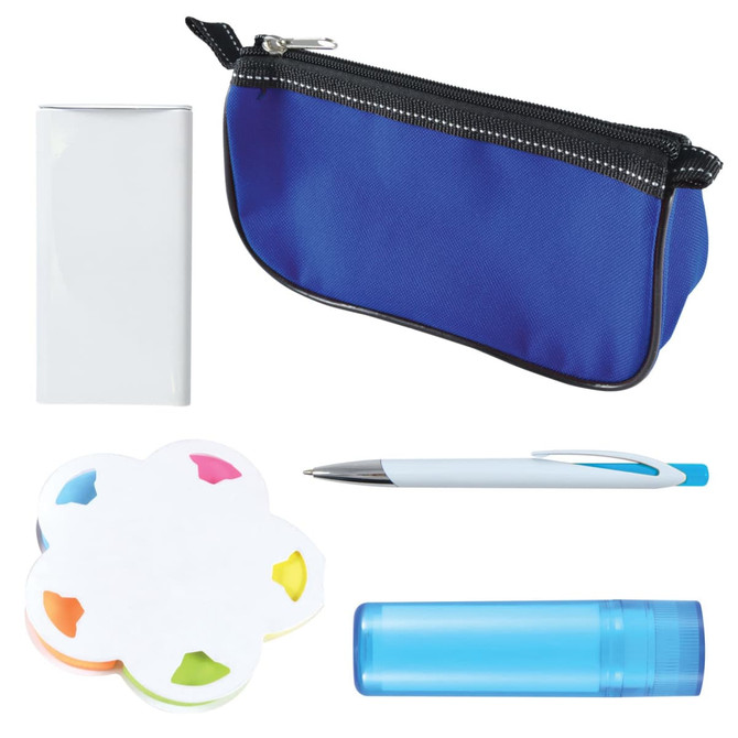 A blue zippered pouch contains a white notepad, a blue pen, a colorful sticky note set, and a blue highlighter.