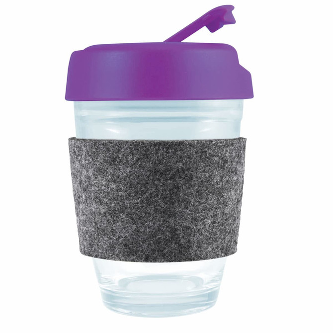 A reusable coffee cup featuring a clear body, a purple flip lid, and a grey RPET band for grip.