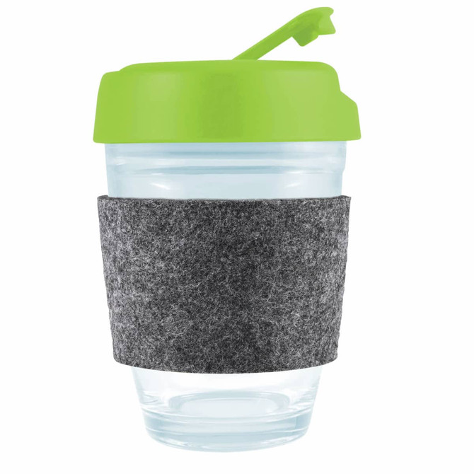 A reusable coffee cup featuring a clear body, a green flip lid, and a gray RPET band for insulation.