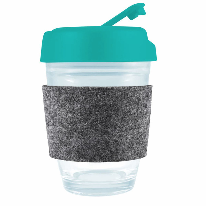 A reusable coffee cup designed with a clear body, a flip lid in turquoise, and a grey RPET band for insulation.
