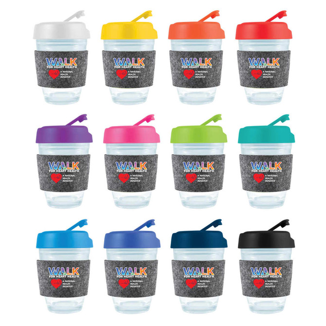 A reusable coffee cup collection featuring various lid colors, clear body, and a textured band with a logo.