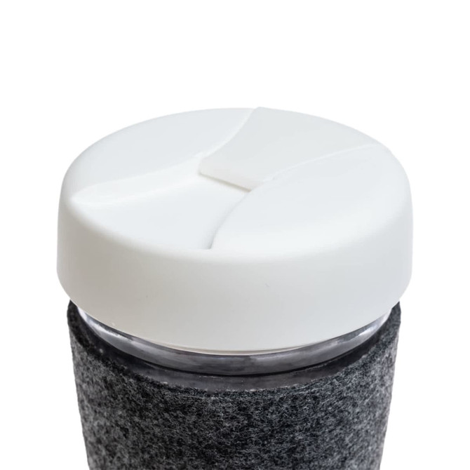 A reusable coffee cup with a white flip lid and a grey RPET band. The design includes a transparent body.