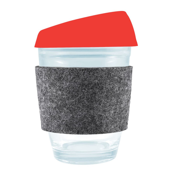 A reusable coffee cup featuring a transparent design, a bright red silicone lid, and a grey RPET band for grip.