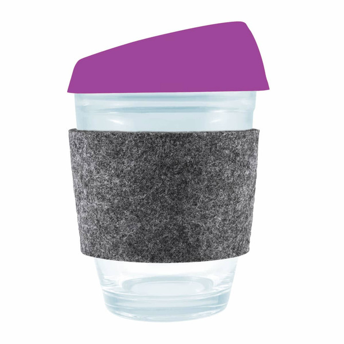 A reusable coffee cup featuring a clear design, a purple silicone lid, and a grey RPET band for grip.