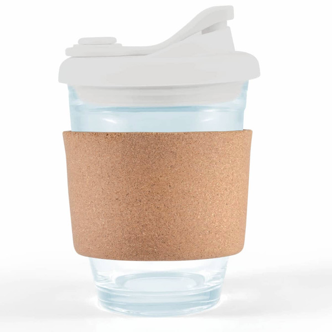 A reusable coffee cup featuring a transparent glass body, a white snap lid, and a cork band around the middle.