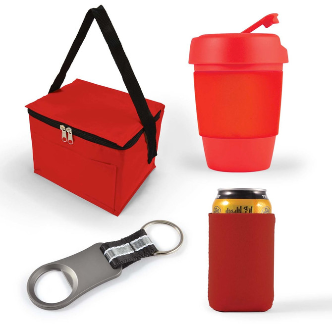 A red cooler bag, a red drink cup with a lid, a silver bottle opener, and a red can cooler.