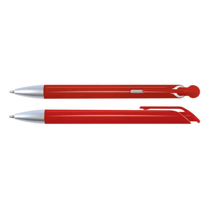 A set of red plastic pens with silver accents, featuring a clip and a rounded tip.