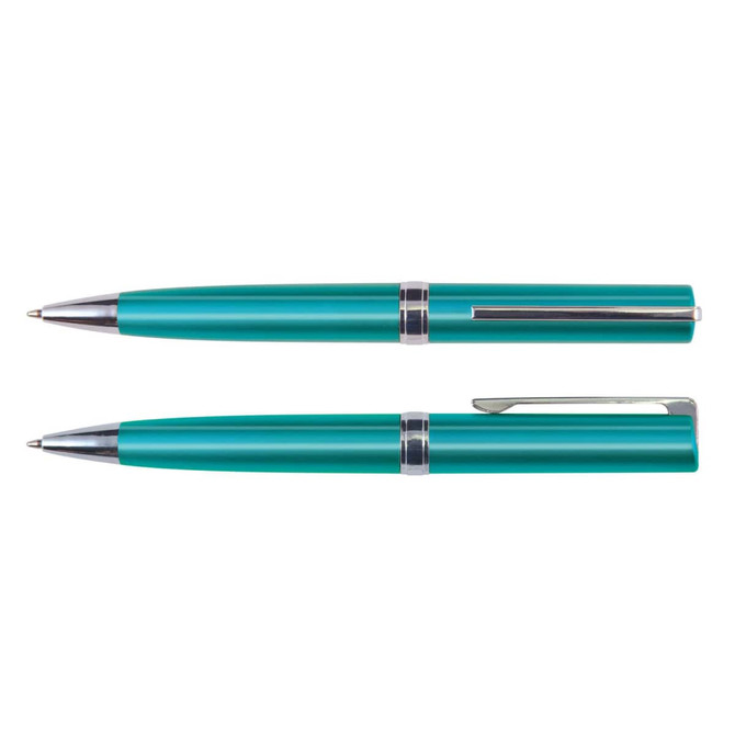 A metal pen set in teal with silver accents, featuring a click mechanism and a cap. Includes two pens.