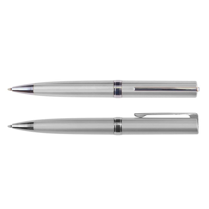 A silver metallic pen set featuring two styles, with sleek designs and chrome accents, includes a logo.