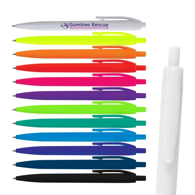 A collection of Javelin pens in various bright colours, including white and black, with a logo on one pen.