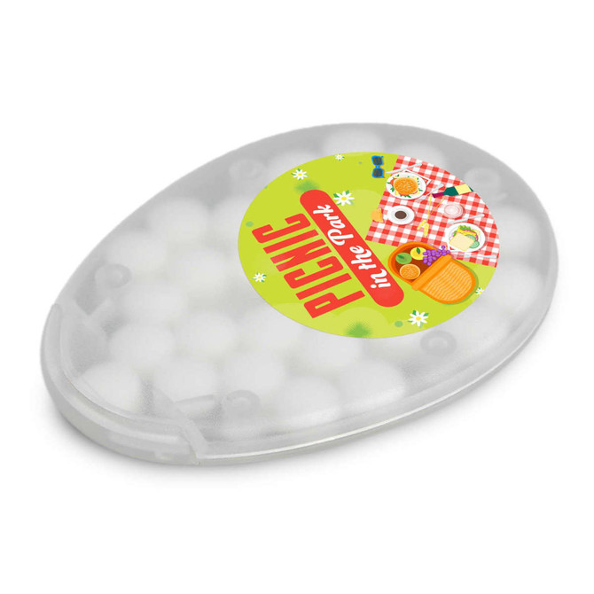 An oval container of white sugar-free breath mints, featuring a colorful picnic-themed label.
