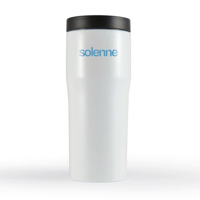 A drink bottle with a white body and black lid, featuring a logo in blue. Suitable for travel.