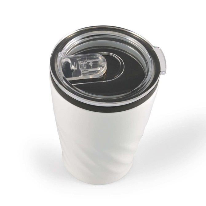 A reusable coffee cup with a sleek white exterior and a clear plastic lid featuring a sliding opening.