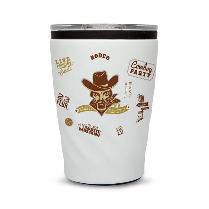 A reusable coffee cup in white featuring a cowboy graphic and a dark lid, with various decorative elements.