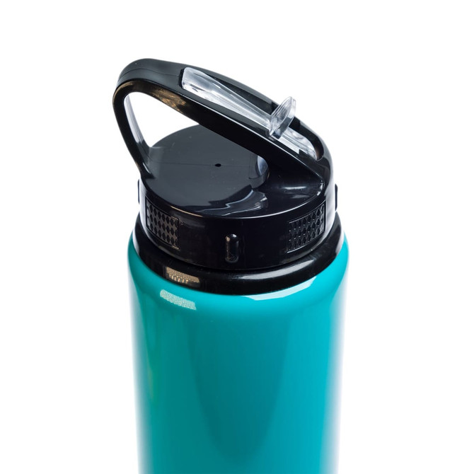 A drink bottle in teal featuring a black flip straw lid and a handle for easy carrying.