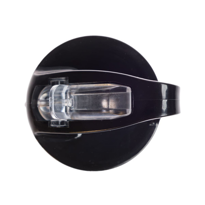 A drink bottle with a flip straw lid in black, featuring a clear lid component.