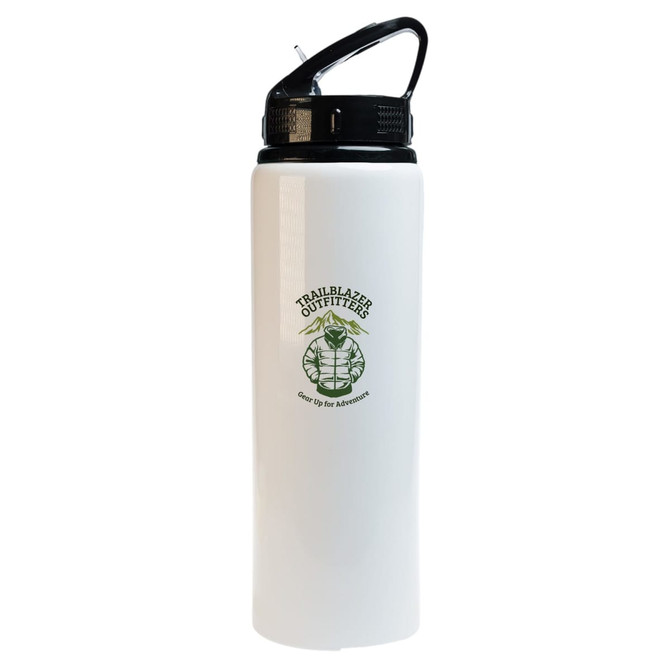 A drink bottle with a flip straw lid in white, featuring a logo and a black cap.