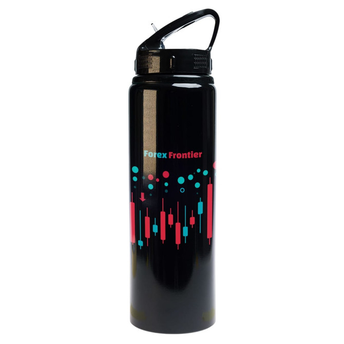 A drink bottle with a black finish, featuring a flip straw lid and colorful abstract design. It has a logo.