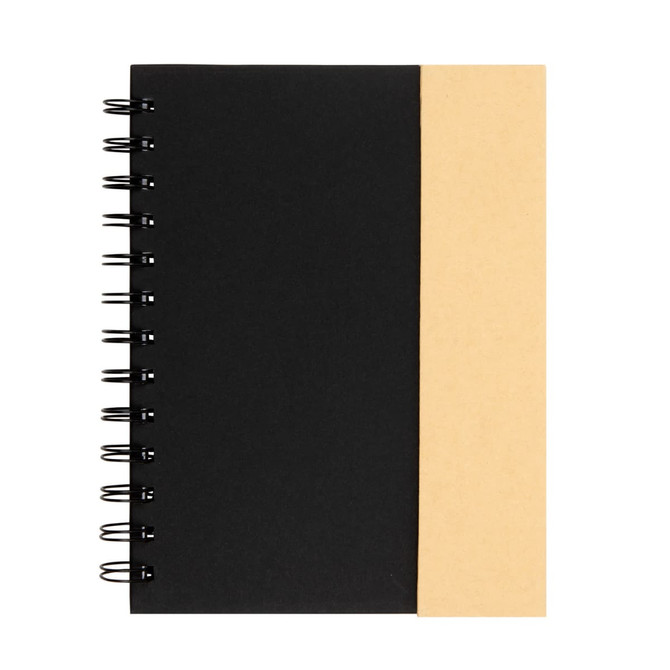 A Trek Notebook featuring a black cover with a contrasting tan section, spiral binding on the side.