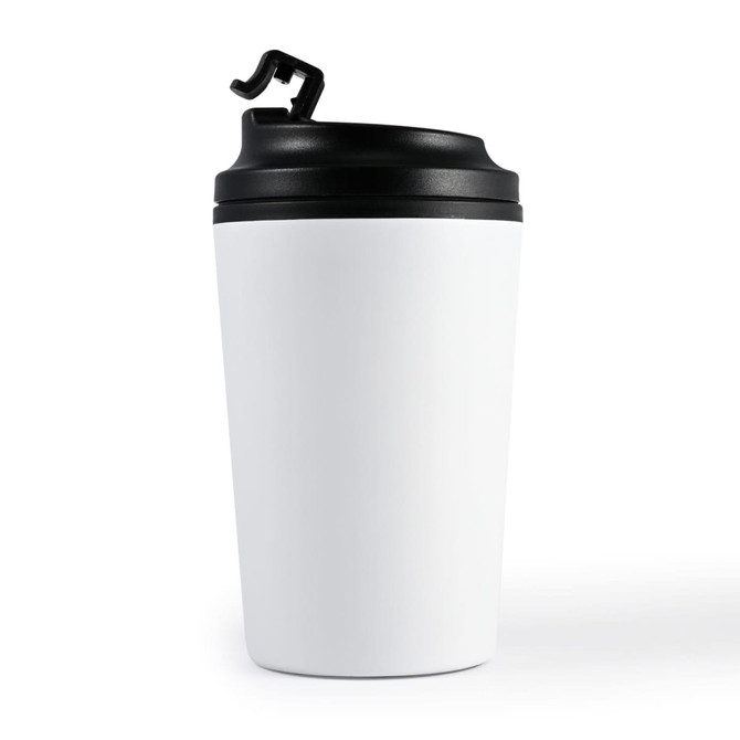 A reusable coffee cup with a sleek white exterior and a black lid featuring a sip opening.