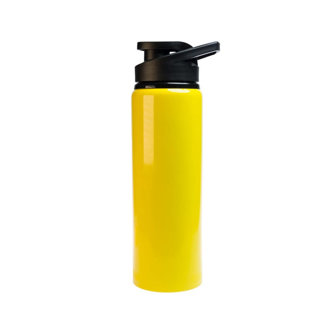 A drink bottle in bright yellow with a black free flow lid. The design features a smooth, glossy finish.