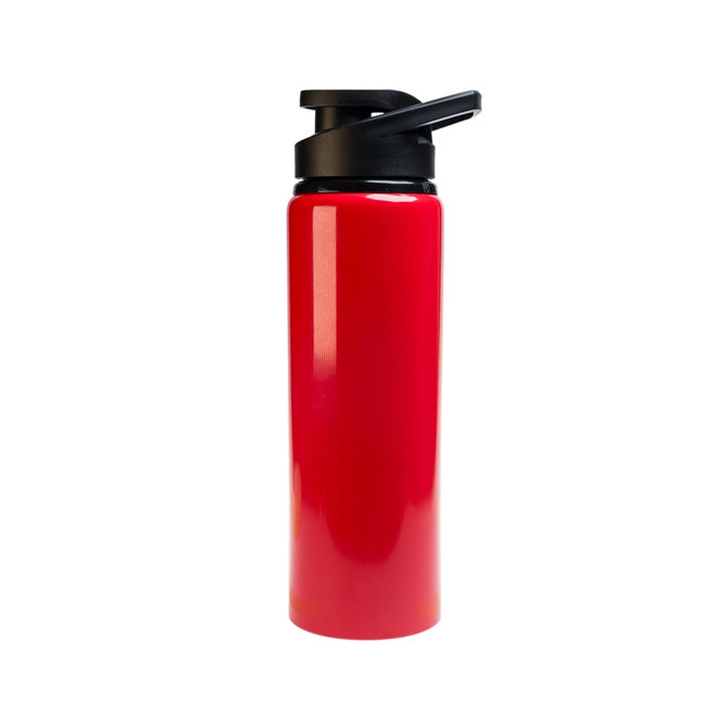 A drink bottle in bright red with a black free flow lid, featuring a sleek and glossy design.