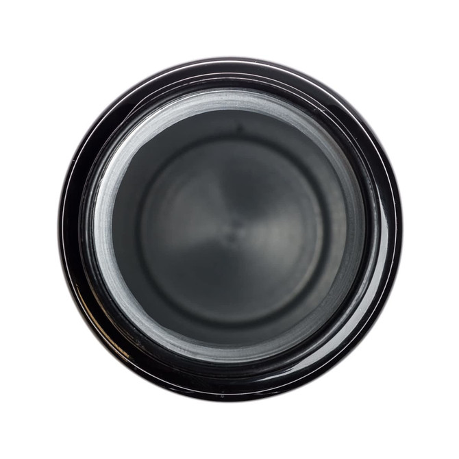 A drink bottle with a black exterior and a free flow lid, viewed from above. It features a sleek design.