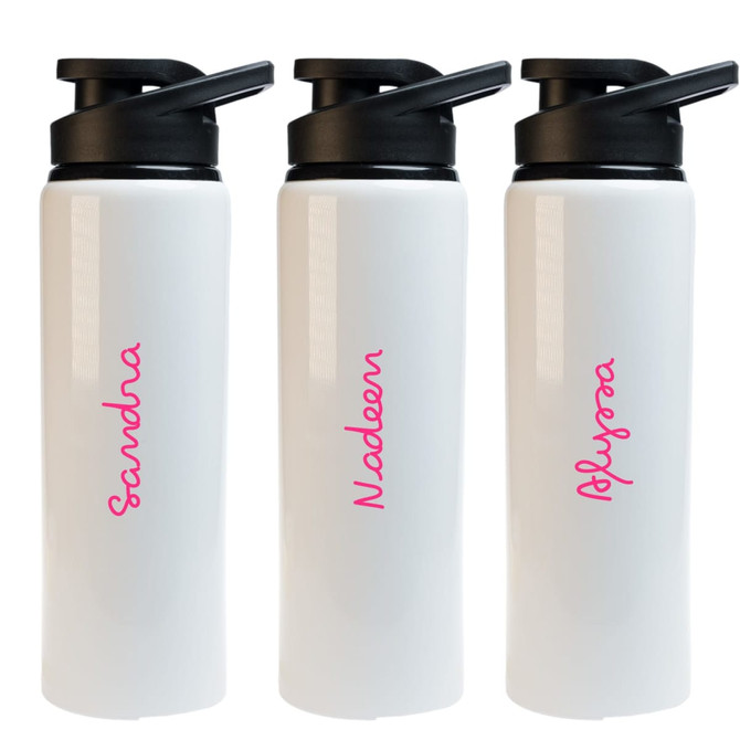 A drink bottle with a sleek white design and a black flip lid, featuring decorative names in pink.