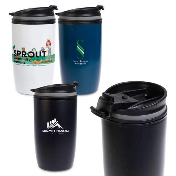 A collection of reusable coffee cups in white, navy blue, and black, featuring various logos and designs.