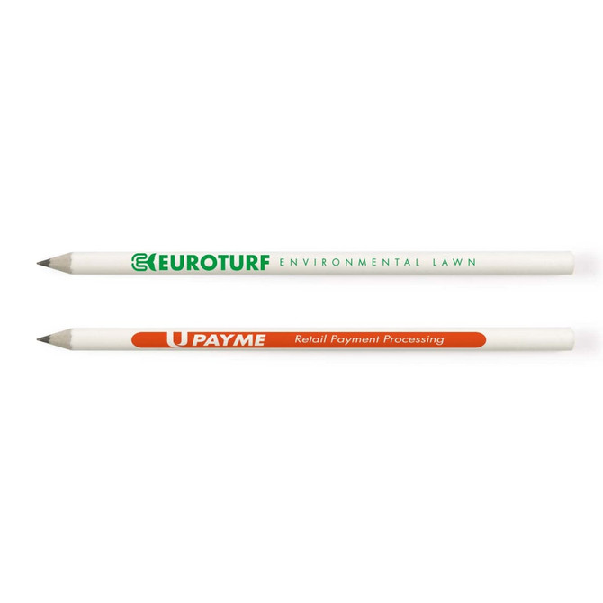 A set of two grey-lead pencils made from recycled newspaper, featuring green and orange branding on white barrels.