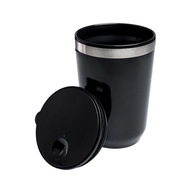 A reusable coffee cup featuring a sleek black design with a stainless steel band and a removable lid.
