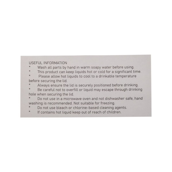 A product label with useful information about the Rizz Coffee Cup, including care instructions and safety warnings.