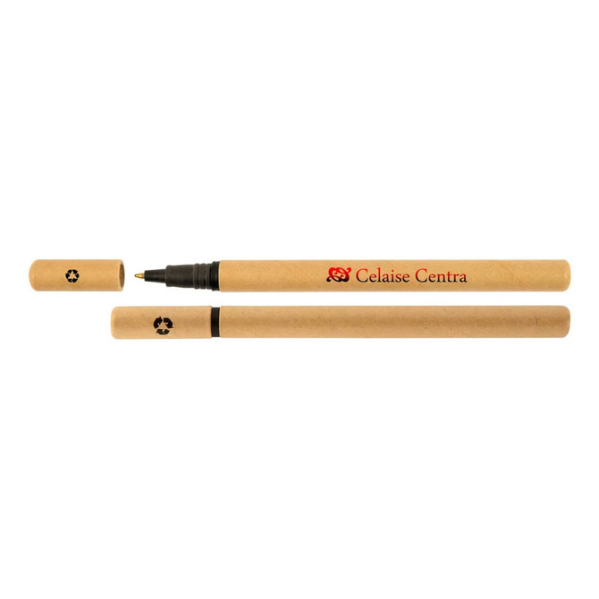 A cardboard pen with a black tip, featuring a logo and a removable cap. The body is made from recycled materials.