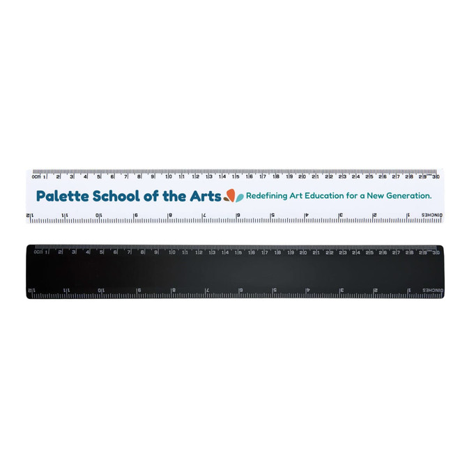 Two 30cm rulers are displayed: one white with a logo and one black, both featuring measurement markings.