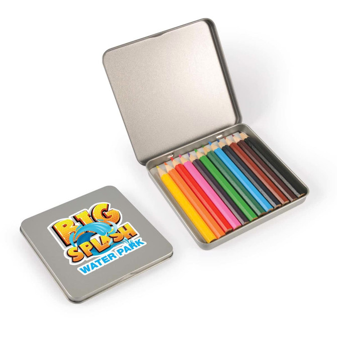 A tin container filled with twelve coloured pencils in various vibrant colors, featuring a logo on the lid.