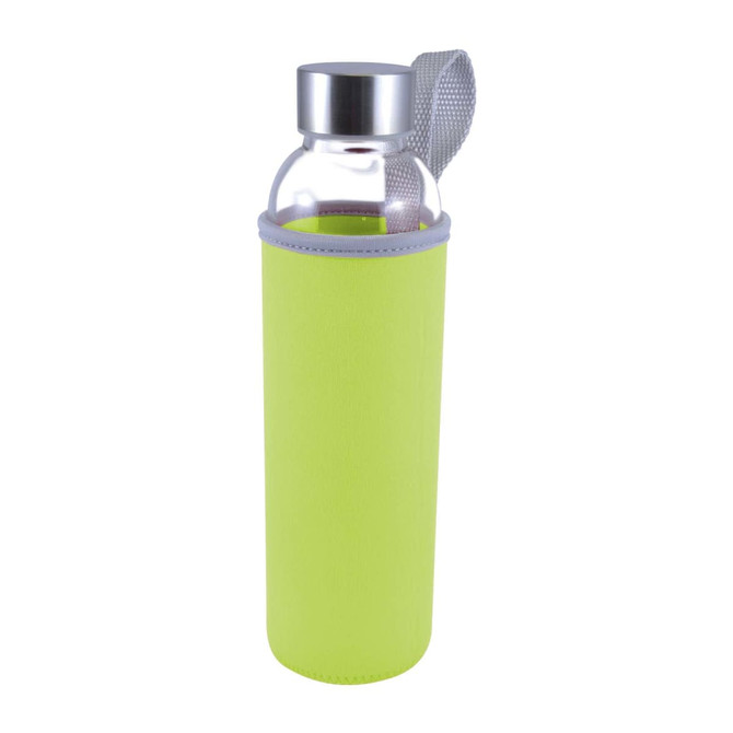 A drink bottle with a glass body and a bright green neoprene sleeve, featuring a silver cap and carrying loop.