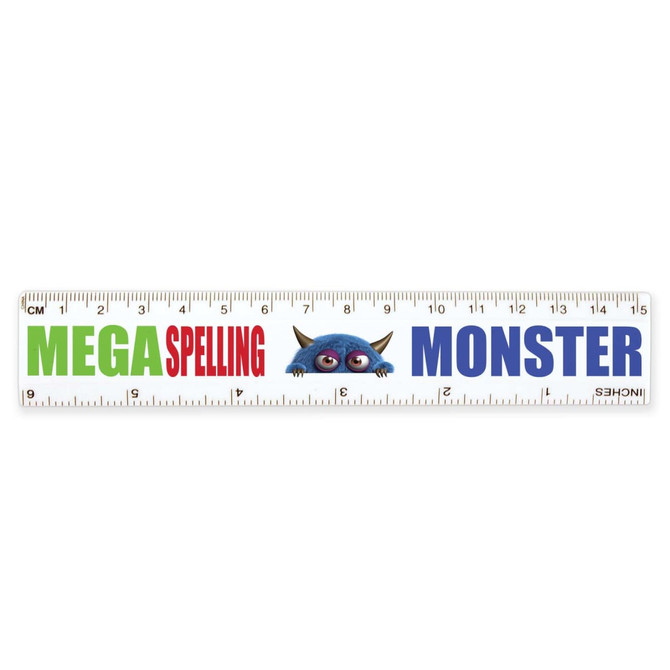 A white 15 cm ruler featuring colorful text that reads "MEGA Spelling MONSTER" with an animated character illustration.