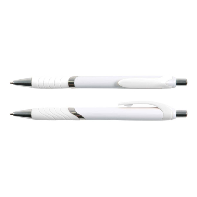 A set of two white pens with chrome accents, featuring a textured grip and click mechanism for easy use.