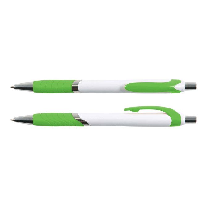 A Vespa Pen featuring a white body with green accents and a textured grip for comfortable writing.