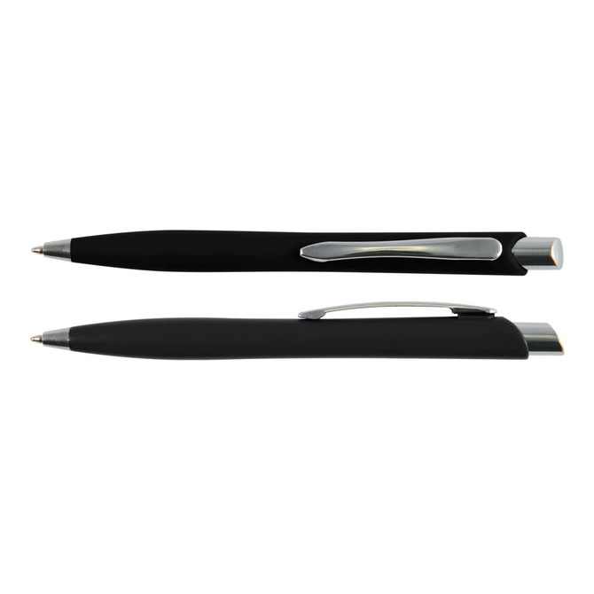 A black plastic pen with a sleek design and a silver clip, featuring a smooth writing tip.