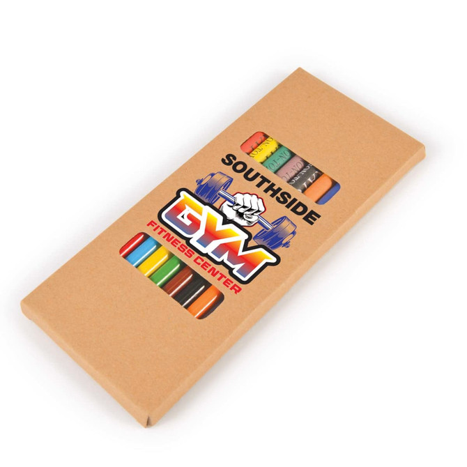 A pencil and crayon set in a cardboard box, featuring various colors including red, blue, orange, and green, with branding.
