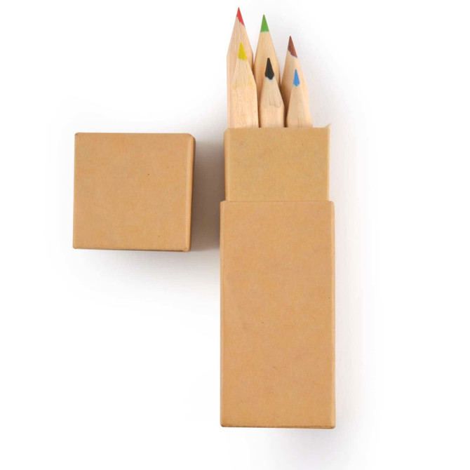 A pencil set with colored tips in a beige box, featuring four sharpened colored pencils.