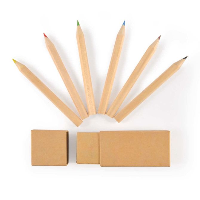 A set of six wooden coloured pencils in red, green, blue, yellow, and brown, alongside two rectangular boxes.